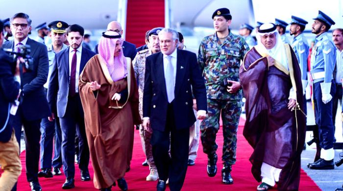 Pakistan's foreign minister Ishaq Dar (right) receives his Saudi counterpart, Prince Faisal bin Farhan (left), at Nur Khan air base in Rawalpindi, Pakistan on April 15, 2024. (Government of Pakistan)