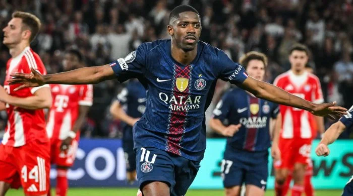 PSG player Ousmane Dembele celebrates goal during 5-4 Champions League win over Bayern Munich