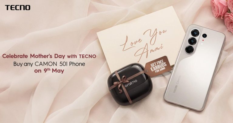 TECNO Mother’s Day campaign banner showing a CAMON 50 Series phone, free Oraimo earbuds gift, and “Love You Ammi” card for the 9th May offer.