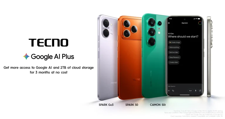 TECNO smartphones with Google AI Plus offer for three months of AI access and 2TB cloud storage.