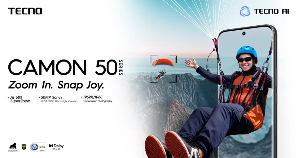 TECNO CAMON 50 camera phone featuring AI 60X Super Zoom, 50MP Sony Ultra Night Camera and underwater photography for travel adventures