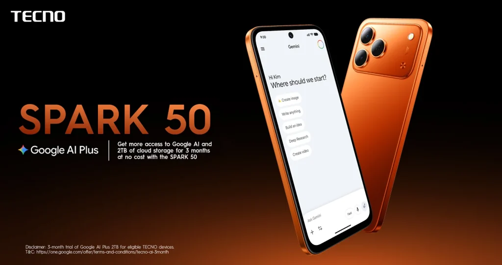 TECNO SPARK 50 smartphone with Google AI Plus and 2TB cloud storage offer for eligible users