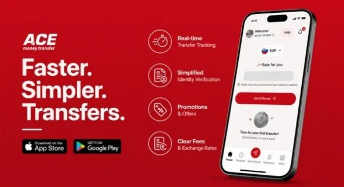 ACE Money Transfer app enhancements featuring real-time transfer tracking, simplified identity verification, promotions, and clear fees and exchange rates