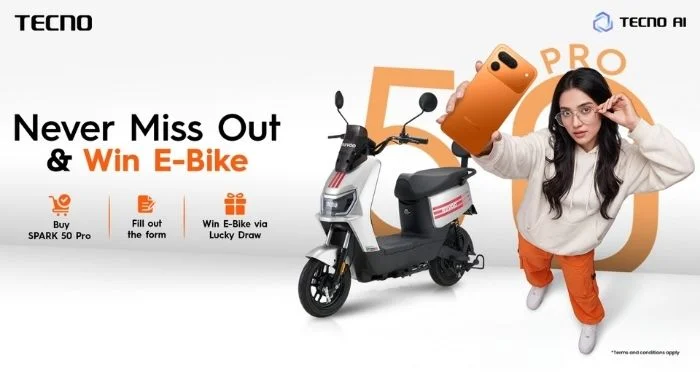 TECNO SPARK 50 Pro lucky draw campaign offering buyers a chance to win an E-Bike in Pakistan